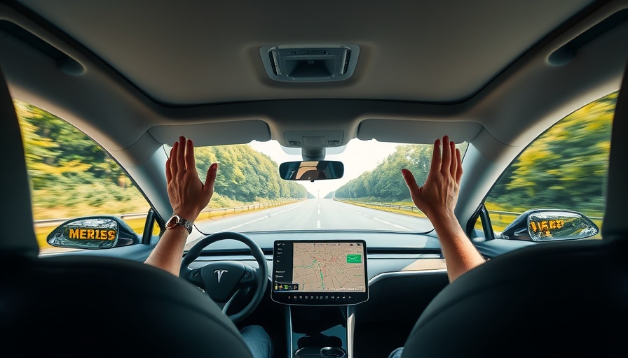 Inside Tesla with autonomous driving on highway, insurance claim process.