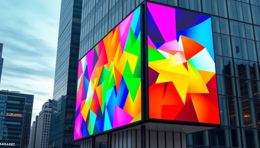 Colorful digital billboard on modern building, urban backdrop.
