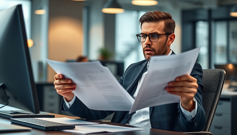 Frustrated professional examining documents, de facto denial in insurance claims context.