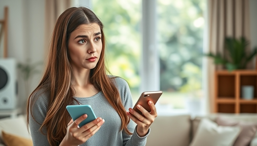 Young woman puzzled by smartphone and credit card in living room.