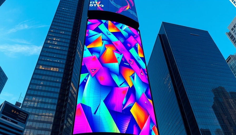 Vibrant display screen on skyscraper in urban environment.