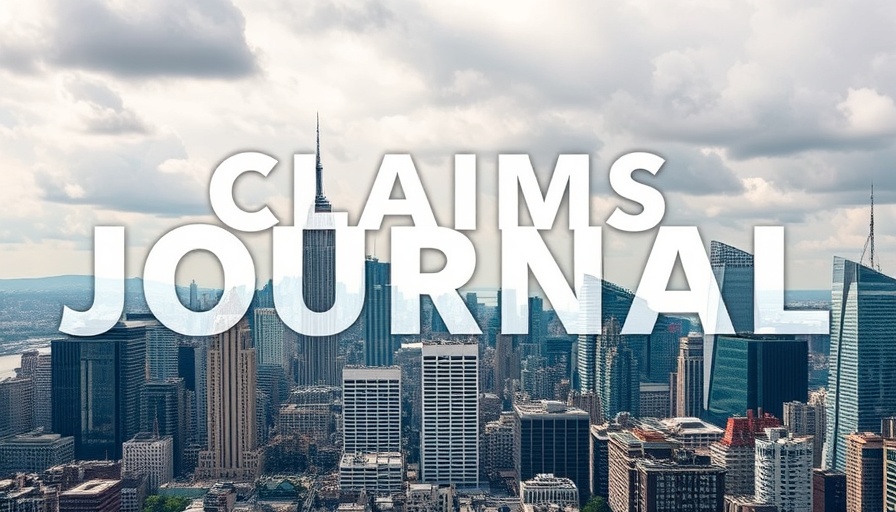 Modern skyline titled 'Claims Journal'; insurance claims process theme.