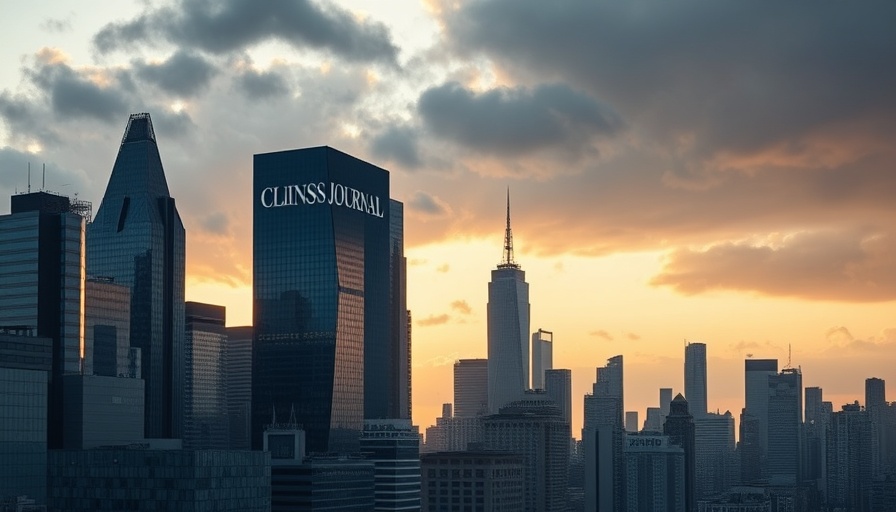 Claims Journal sign over cityscape at dawn, insurance claims process.