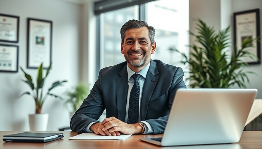 Business professional discusses office matters in bright office setting.