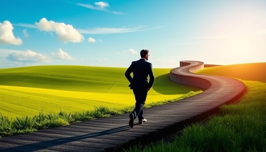 Businessman on a winding path against blue sky and green fields, symbolizing insurance claim disputes