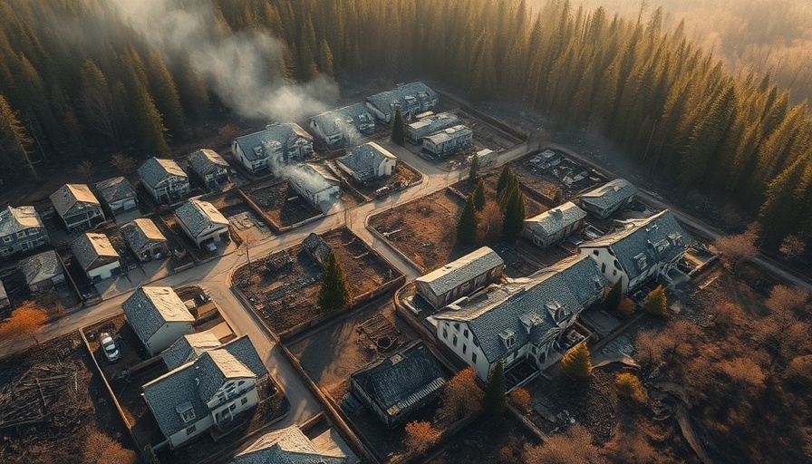 Aerial view of a burned residential area highlighting insurance claim disputes.