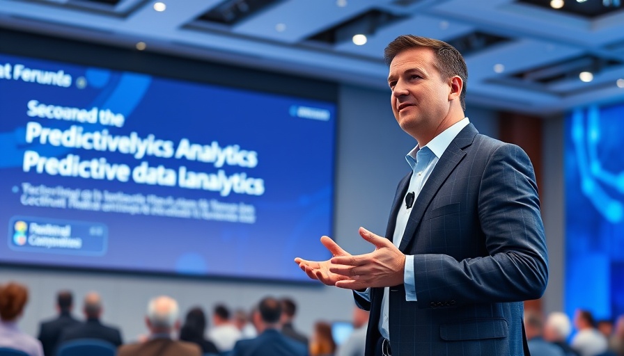 Speaker at industry forum explaining predictive analytics and data.