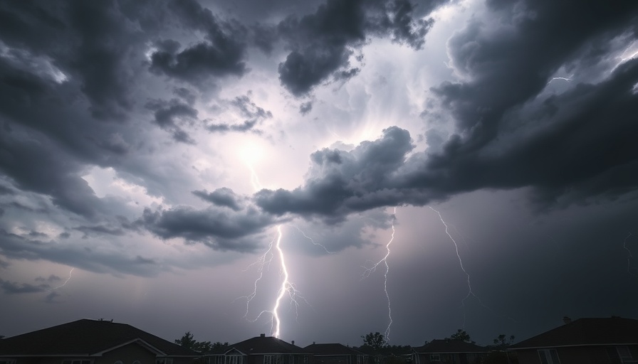 Thunderstorm with lightning in suburban area, highlighting lightning-related homeowners claims.