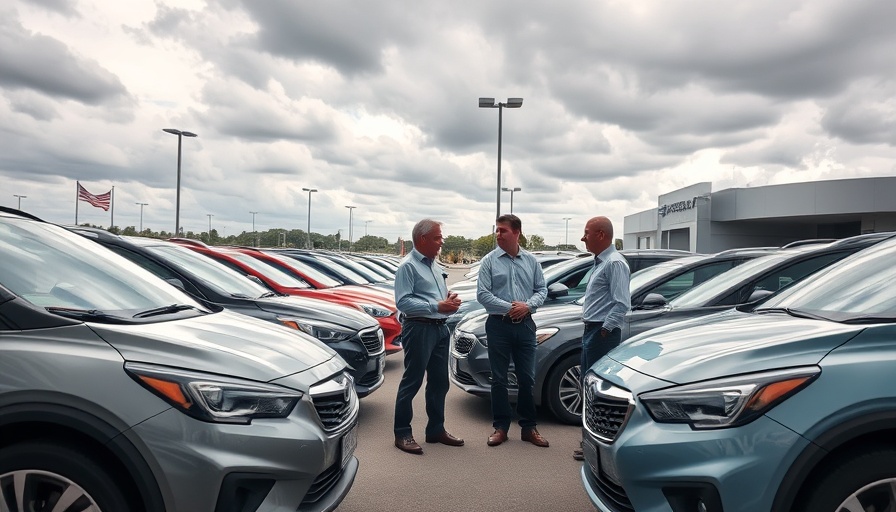 Used vehicle prices discussion at dealership with multiple parked cars.