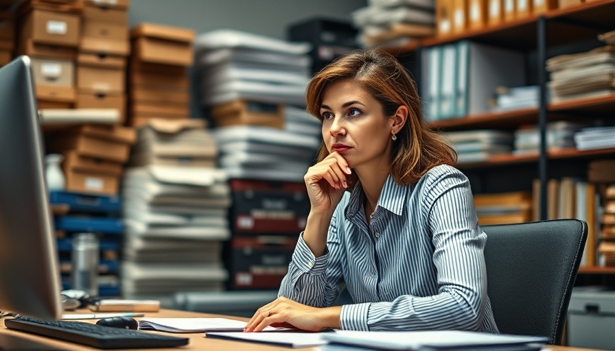 Woman contemplating commercial insurance premiums at a tidy desk.