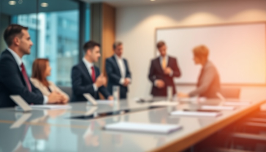 Blurred corporate meeting discussing leadership change impact.