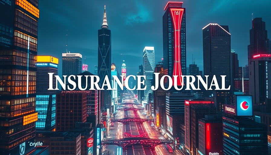 Futuristic city with insurance journal overlay, vibrant skyline.
