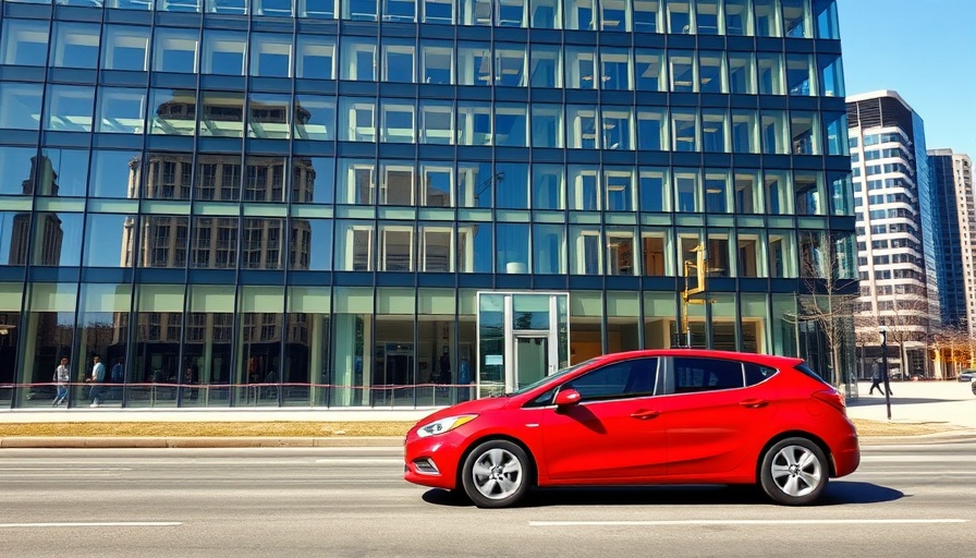 Urban motion with blurred red car and modern cityscape, capturing insurance claim process environment.