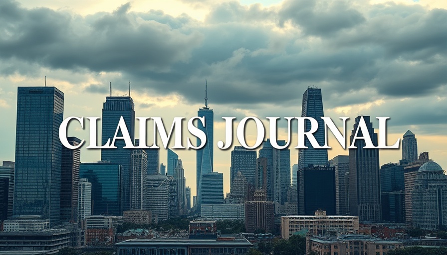 Insurance claims process concept with urban skyline and Claims Journal overlay.