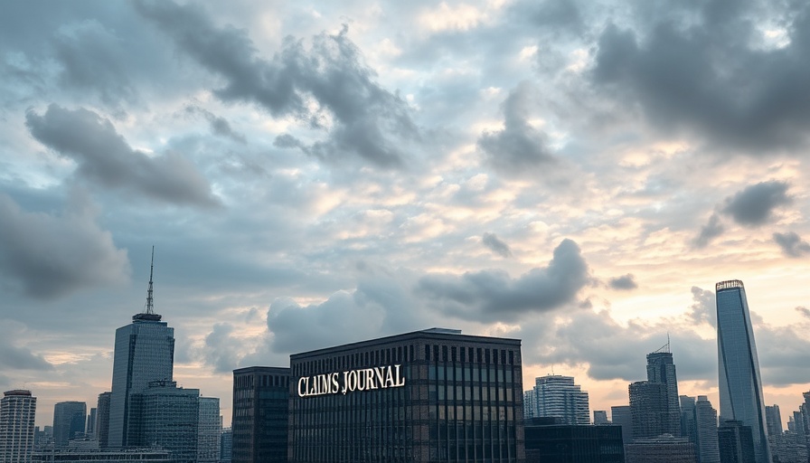 Urban skyline with Claims Journal logo related to insurance claim process.