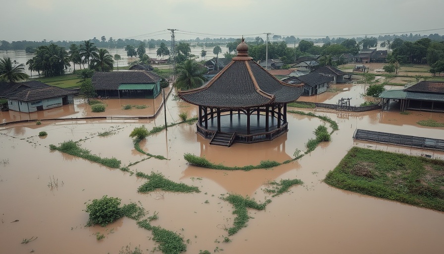 Flooded landscape with traditional pavilion, highlighting insurance claim process.