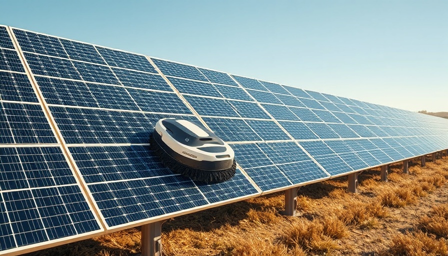 Robotic cleaner on a solar panel array for maintenance.