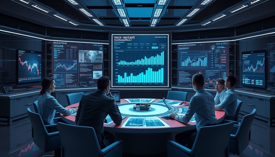 Futuristic insurance office with professionals discussing news in SC.