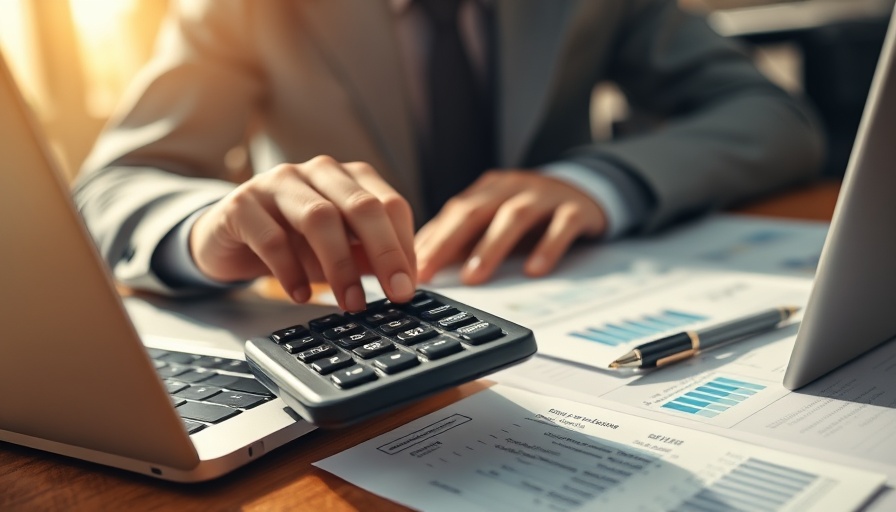 Professional analyzing insurance claim disputes using a calculator and laptop.
