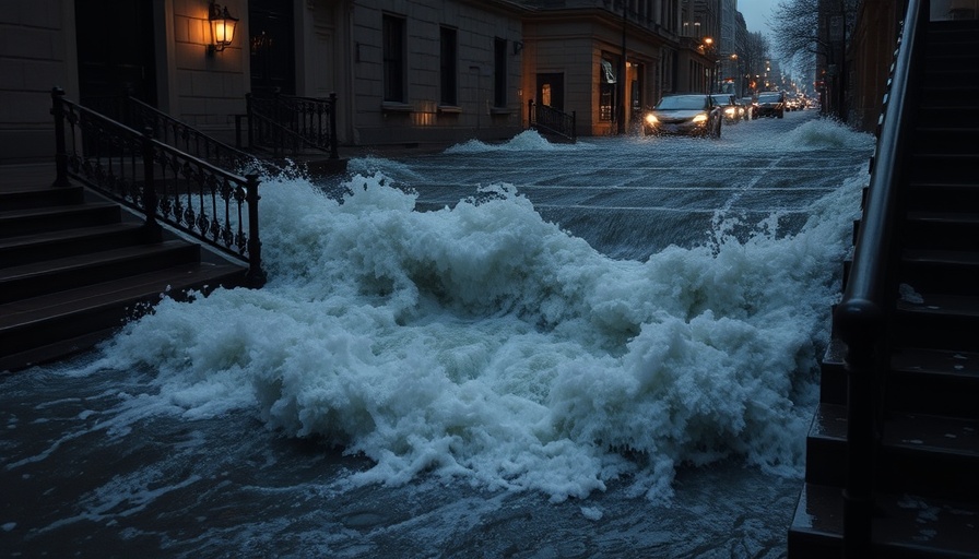Floodwaters rushing down staircase, illustrating insurance claim process need.