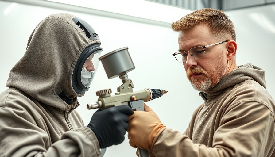 Professional painter using 3M new spray gun in bright workshop.