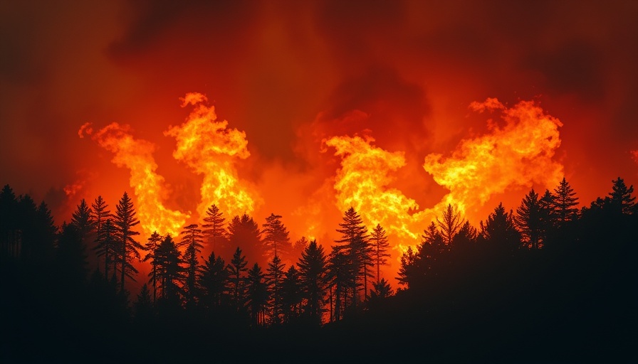 California wildfire scene for insurance claims article, intense flames and smoke.