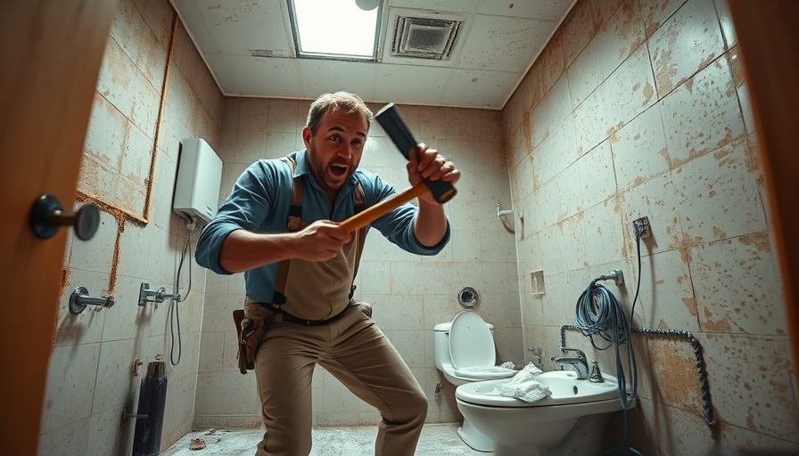 Startled contractor with sledgehammer in chaotic bathroom, insurance company tactics.