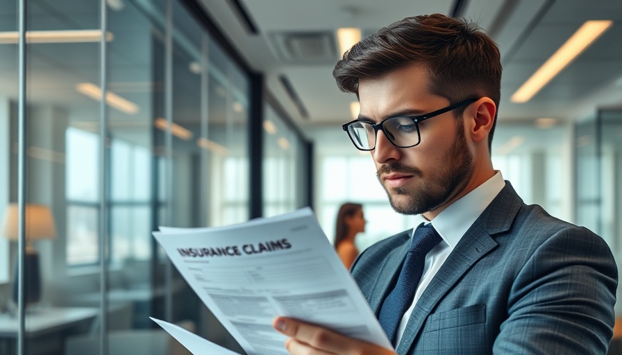 Professional man reviewing insurance claim paperwork in a modern office.