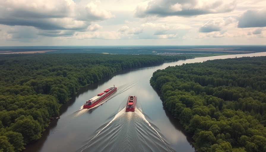 Barges on a river at a junction surrounded by green forests, illustrating river navigation and nature.
