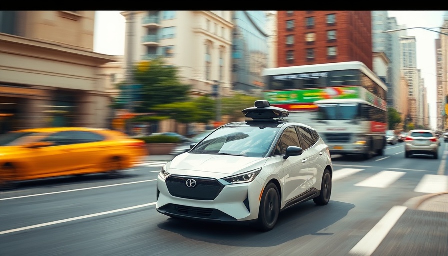 Driverless car speeding on city street amidst traffic in daylight.
