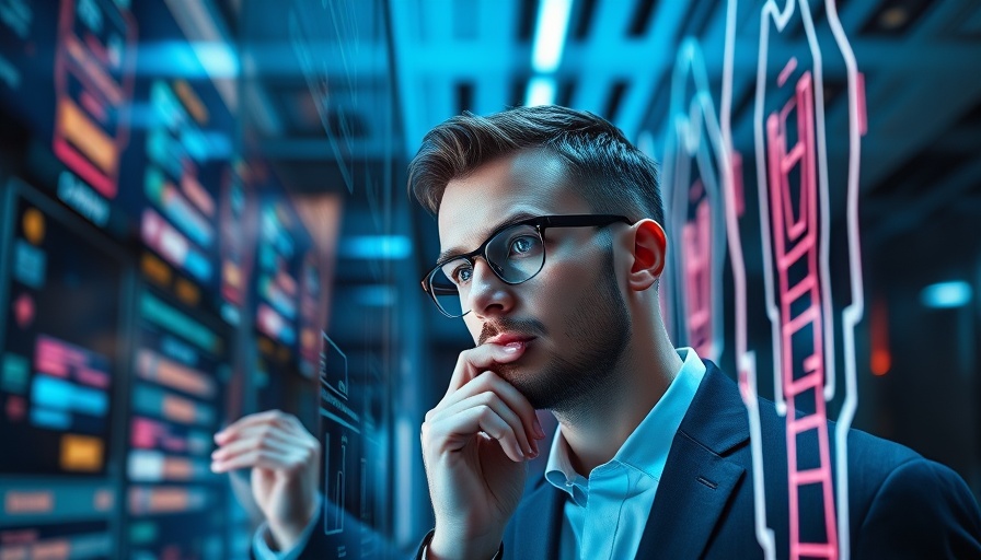 Professional man analyzing digital interface in modern office.