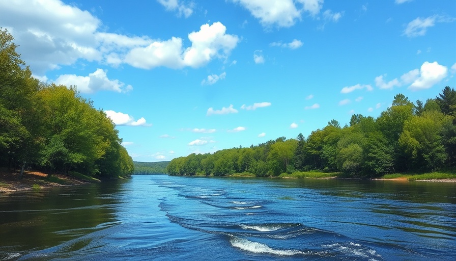 Calm riverbank with trees and a flag under a blue sky.