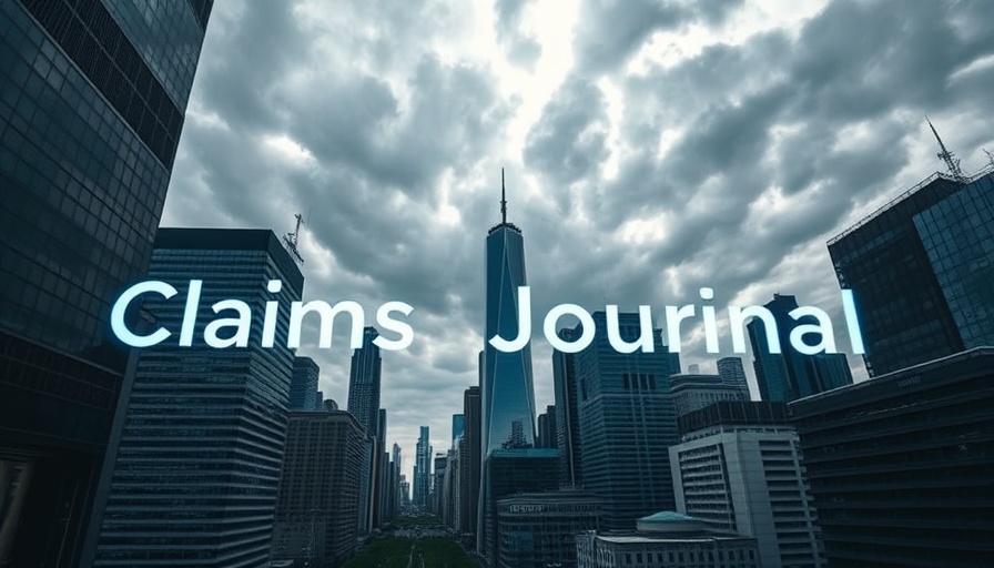 Urban skyline with Claims Journal overlay, cloudy sky.