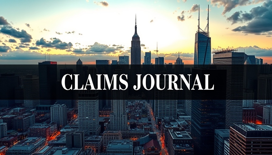 Urban skyline with 'Claims Journal' text, insurance claims process theme