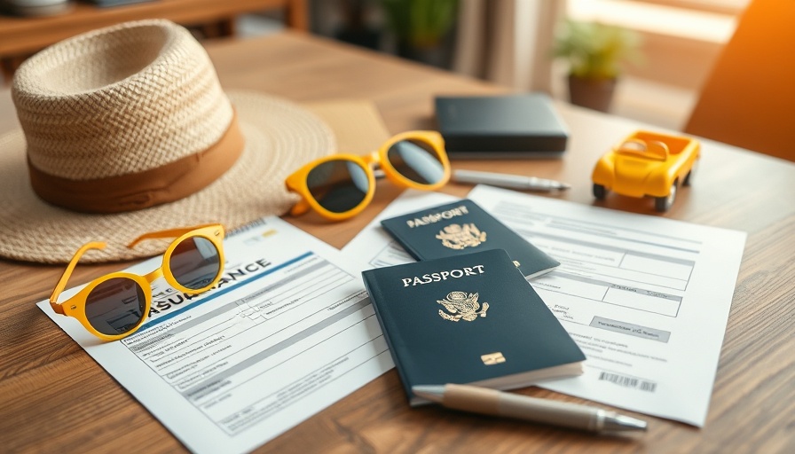 Travel insurance form and travel items on a table.