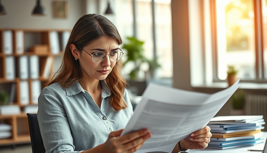 Concerned woman analyzing insurance documents in modern office.