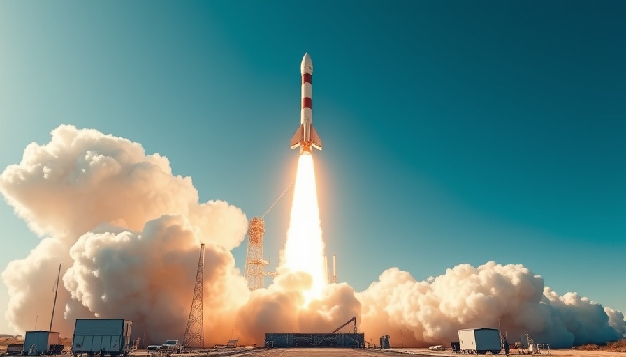 Rocket lifting off from launch pad amid dust clouds