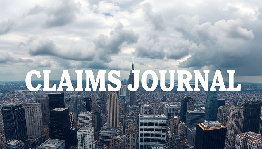 City skyline with 'Claims Journal' overlay showcasing self-driving technology backdrop.