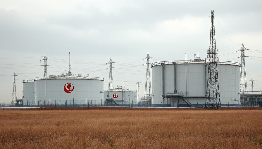Industrial site of Canadian fossil fuel company under cloudy sky, highlighting greenwashing concerns.