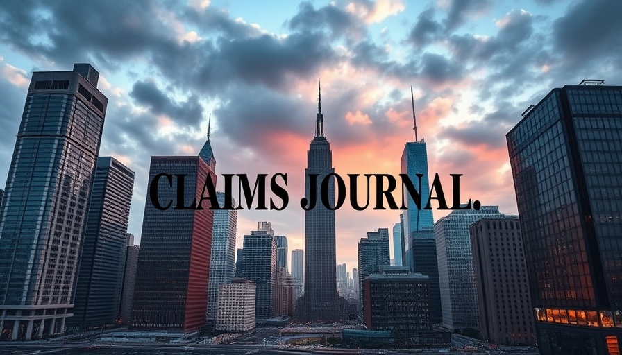 Claims Journal overlay on city skyline, dramatic clouds.