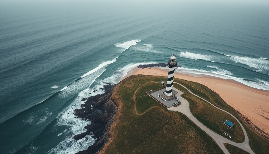Coastal lighthouse and beachfront landscape, related to hurricane insurance claim process.