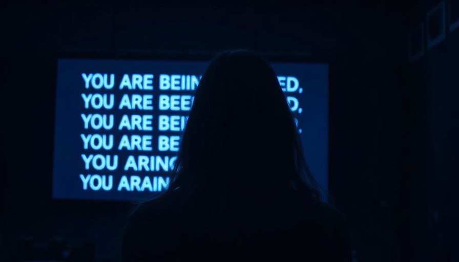 Woman facing screen showing repeated 'YOU ARE BEING BRAINWASHED' text, highlighting insurance company tactics.
