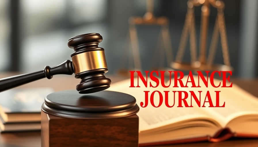 Legal theme with gavel and scales of justice, Insurance Journal logo.