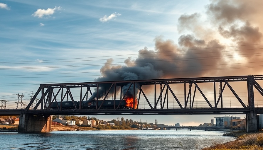 Aging railroad bridge with fire and smoke on a train, safety concerns.