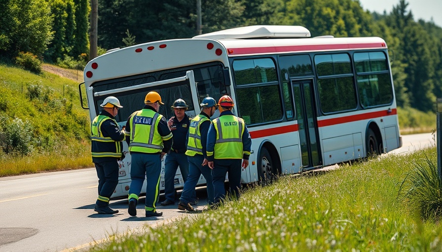 Responders at bus rollover accident scene, lush roadside.