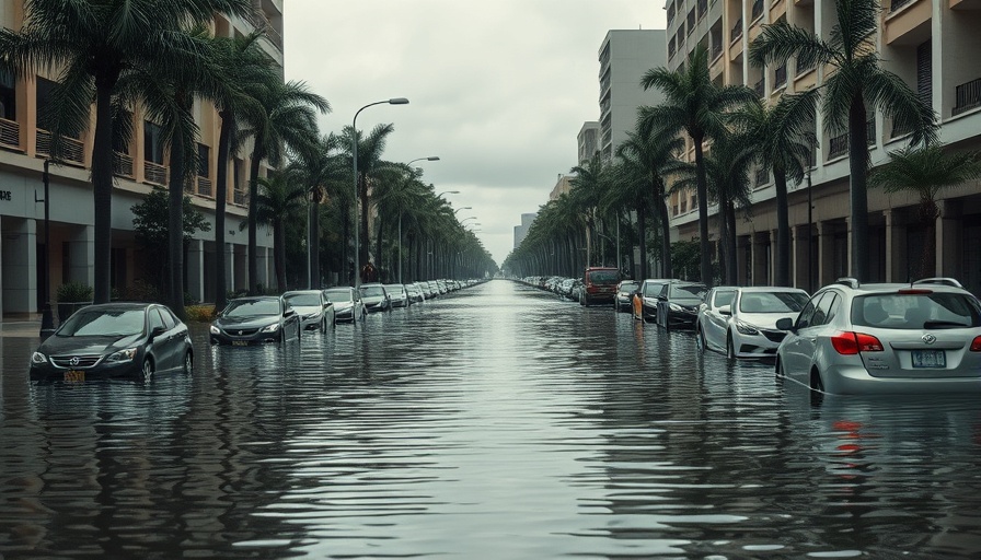 Severely flooded urban street, insurance claim process aftermath.