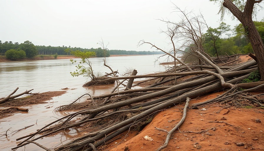 Flood and storm damage claims landscape with debris-laden riverbank.