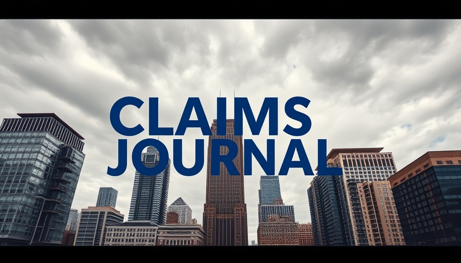 Urban skyline with Claims Journal overlay related to insurance claim process.