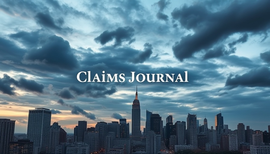 Modern city skyline with Claims Journal overlay, insurance claim process theme.
