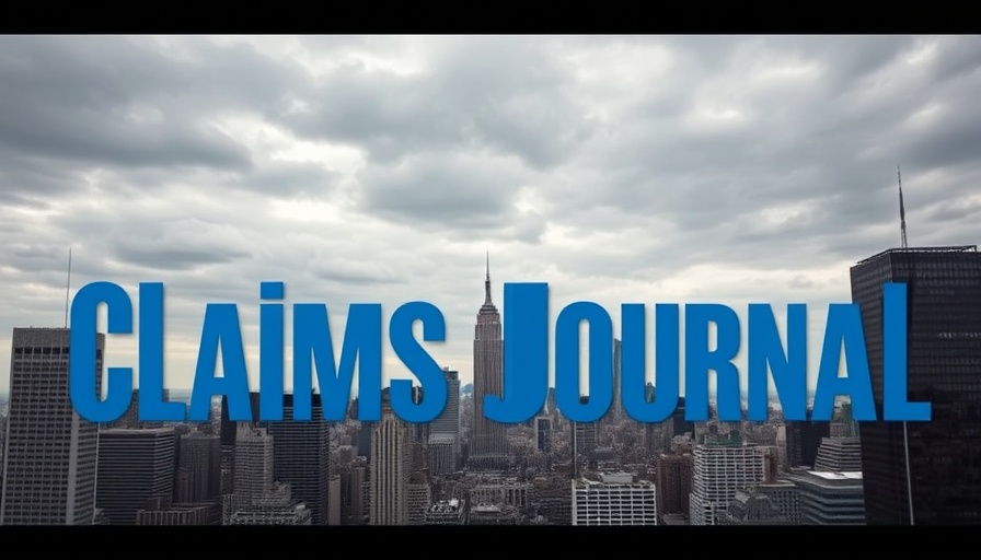 Urban skyline with text overlay highlighting insurance claims.